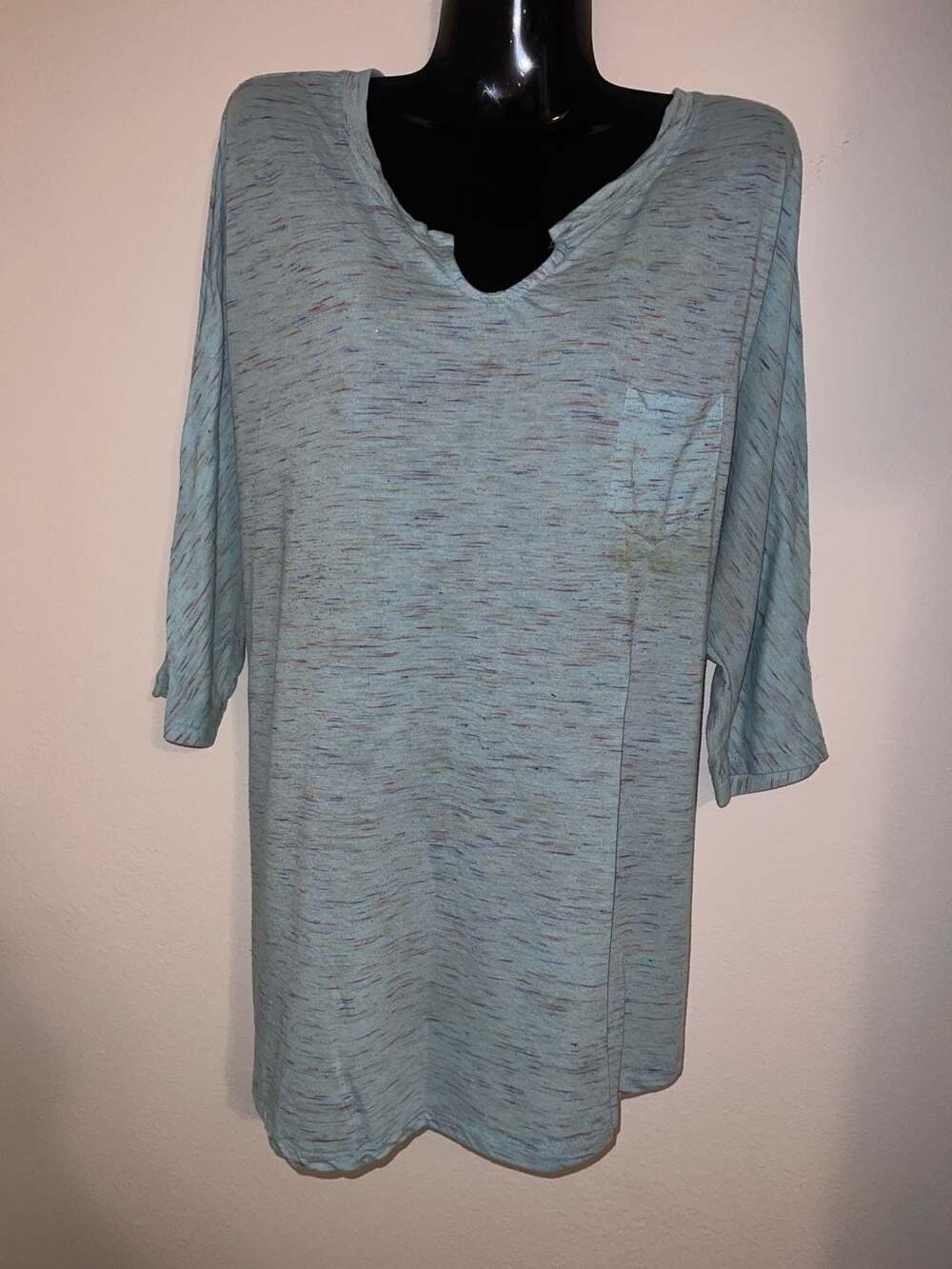 Faded Glory Women's 3X Pastel Turquoise Space Dye Split Neck 3/4 Sleeve Pocket T